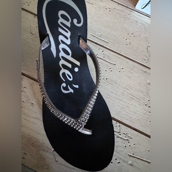 Candie's black wedge flip-flops with rhinestone straps. - Picture 3 of 7